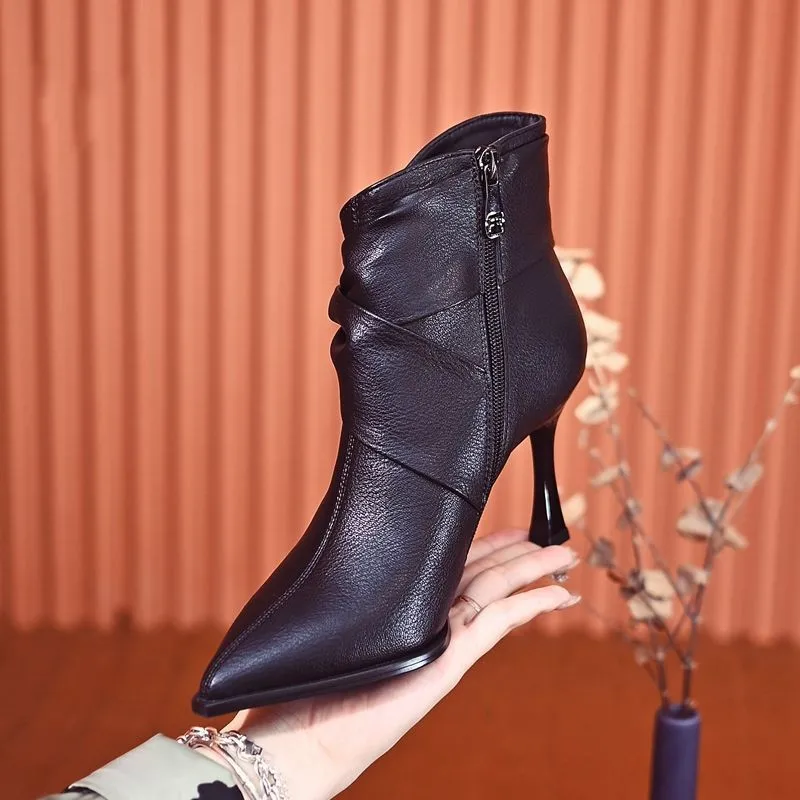 

Французские кожаные ботильоны на высоком каблуке, осенне-зимние, с острым носком, тонкие, бархатные, женские, 7 см.