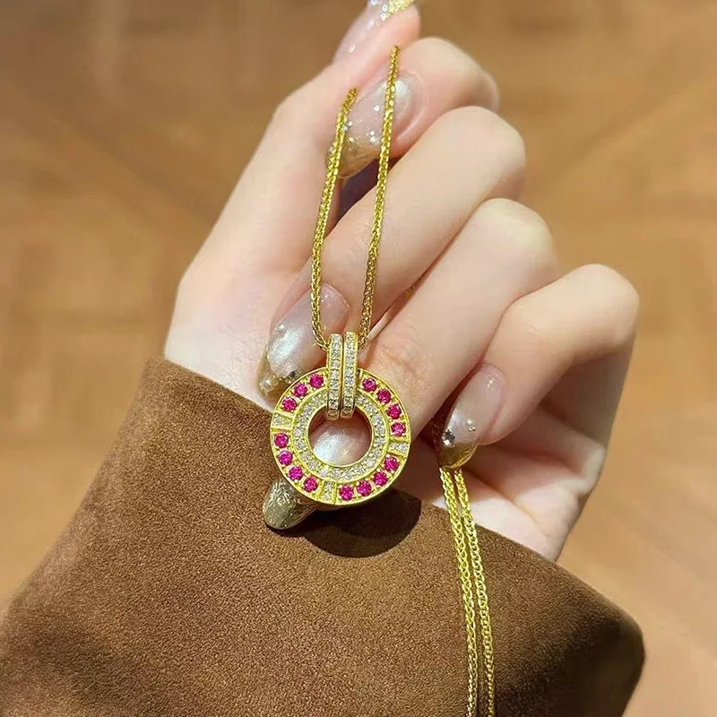 

Daily Versatile Rose Red Full Diamond Safety Clasp Pendant Necklace For Women 24K Gold AU999 | Suitable for commute and dating