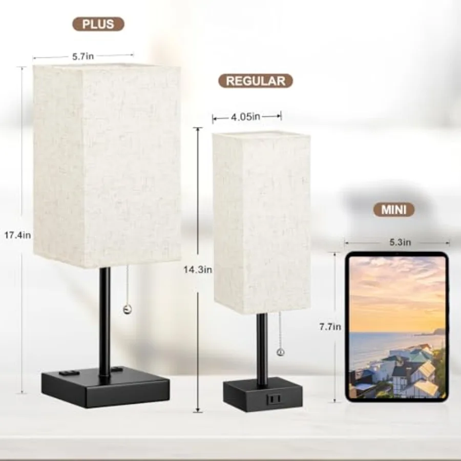 Table Lamps for Bedroom Set of 2 Nightstand - Tall, 3 Color Bedside Lamps with AC Outlets and USB A and C for Charging, Square