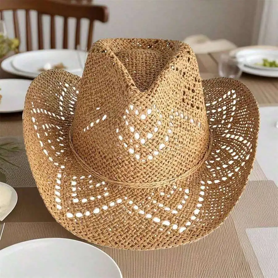 

Hollow Straw Western Cowboy Hat Wide Brim Sun Protection Summer Beach Travel