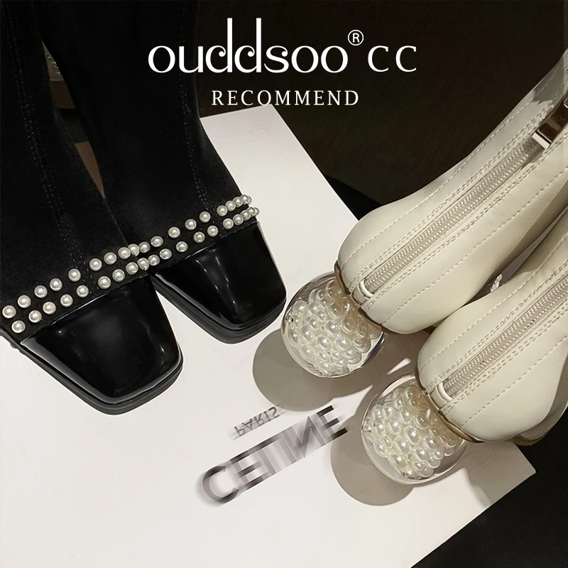 Ods جلد طبيعي الكاحل قطيع عالية الكعب الحديثة تمتد أحذية الشتاء أحذية دافئة اللؤلؤ مكتب سيدة غريبة نمط المرأة Bootie #2