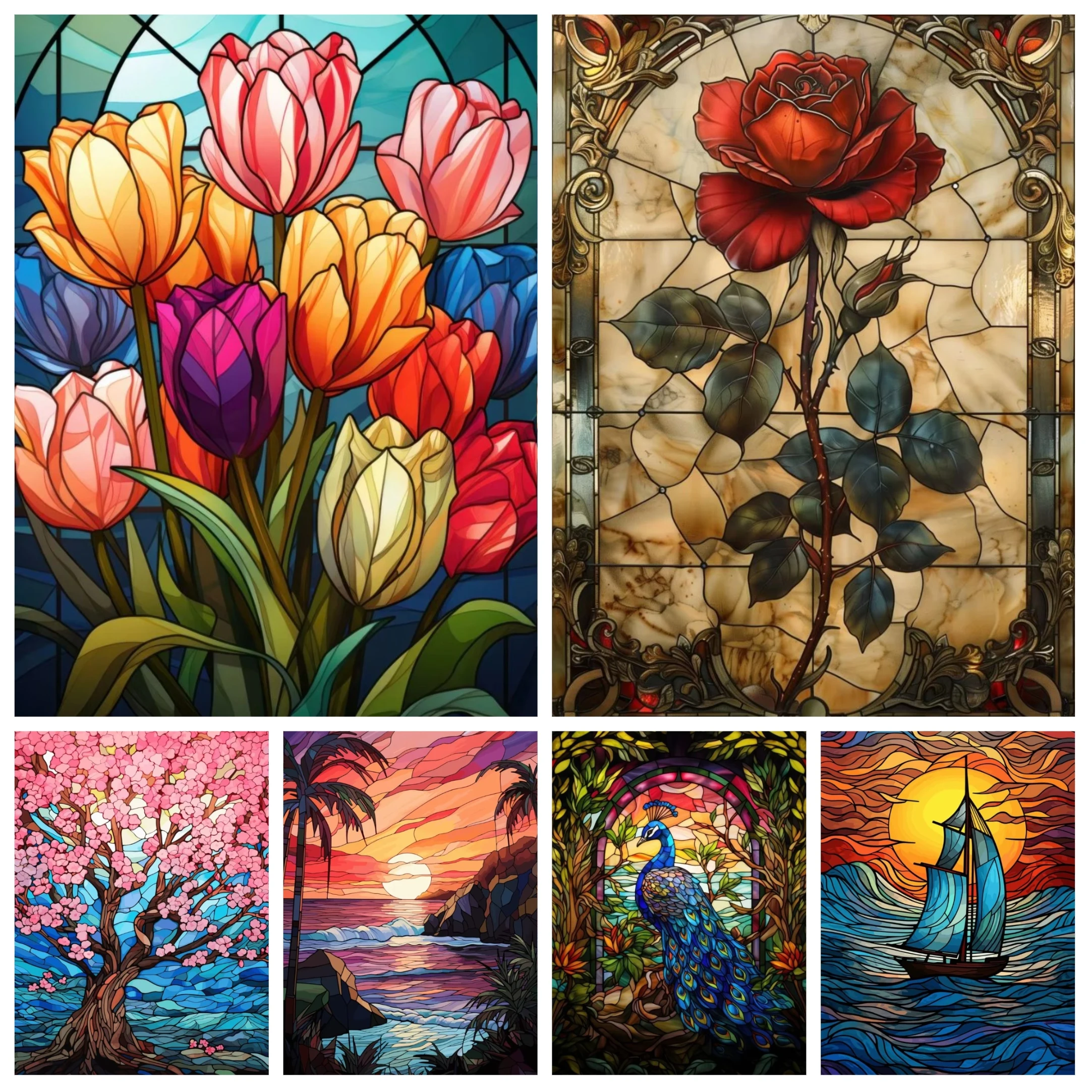 Buntglas-Stil Baum-Berg-Landschaft Diamantmalerei Tulpe Rose Kirschblüte Blumen Boot Poster Wanddekoration für Zuhause