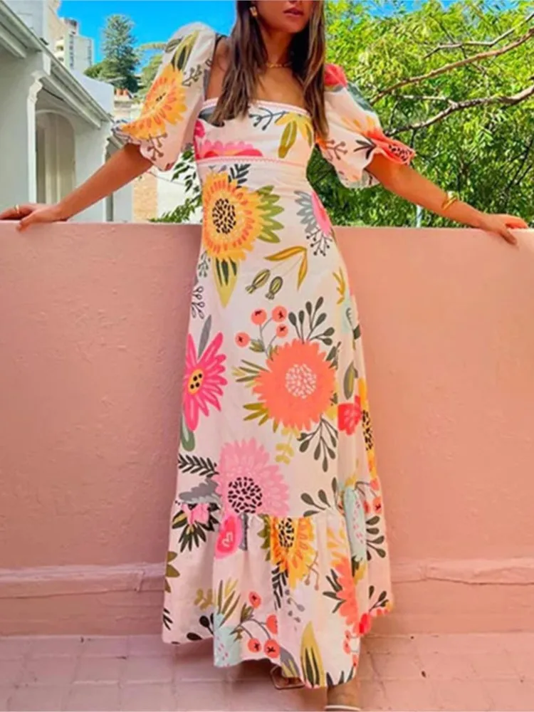 

Women's Elegant And Fashionable Printed Lantern Sleeve Short-sleeved A-shaped Swing Dress Summer Square Collar Mid-waist Dresses