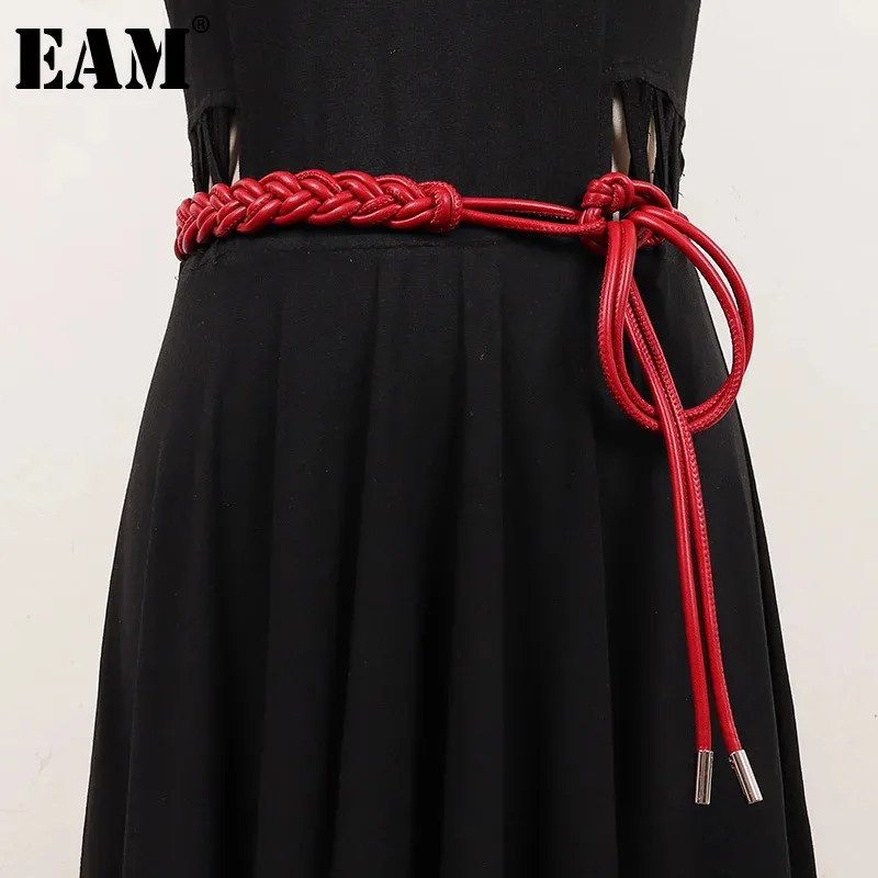 

[EAM] Pu Leather Red White Bandage Long Elegant Belt Personality Women New Fashion Tide All-match Spring Autumn 2024 1DH7493