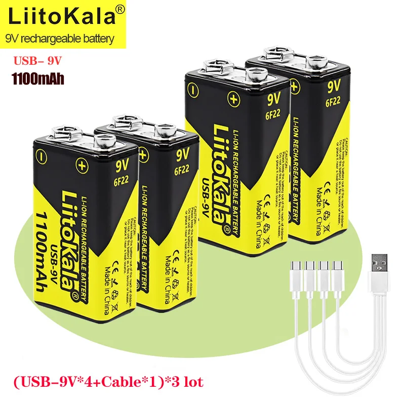 (USB-9V*12+cable*3)LiitoKala USB 9V Lithium-ion Battery 9V 1100mAh Low Self-discharge Li-ion Rechargeable Batteries