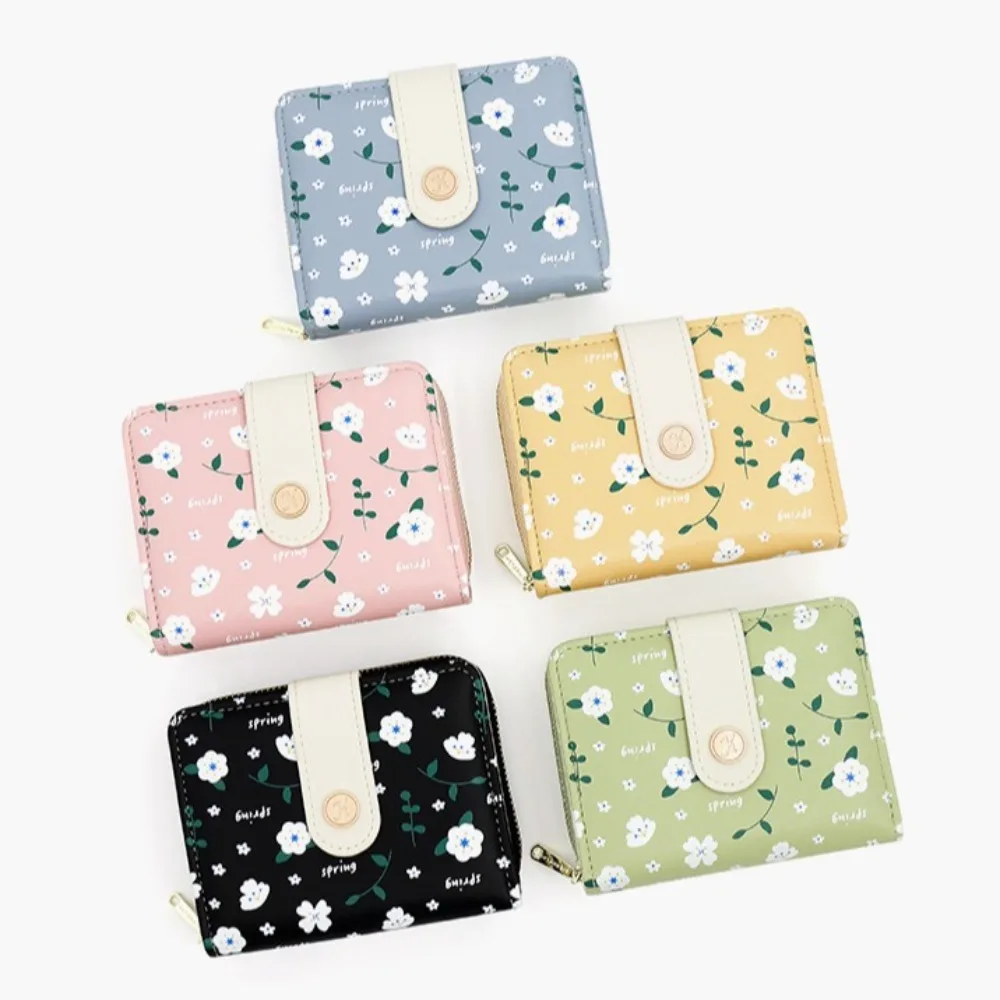 Floral Printed Short Card Bag Korean Style PU Leather Women's Short Purse Multi-functional Multi-card Slot Card Holder Girl