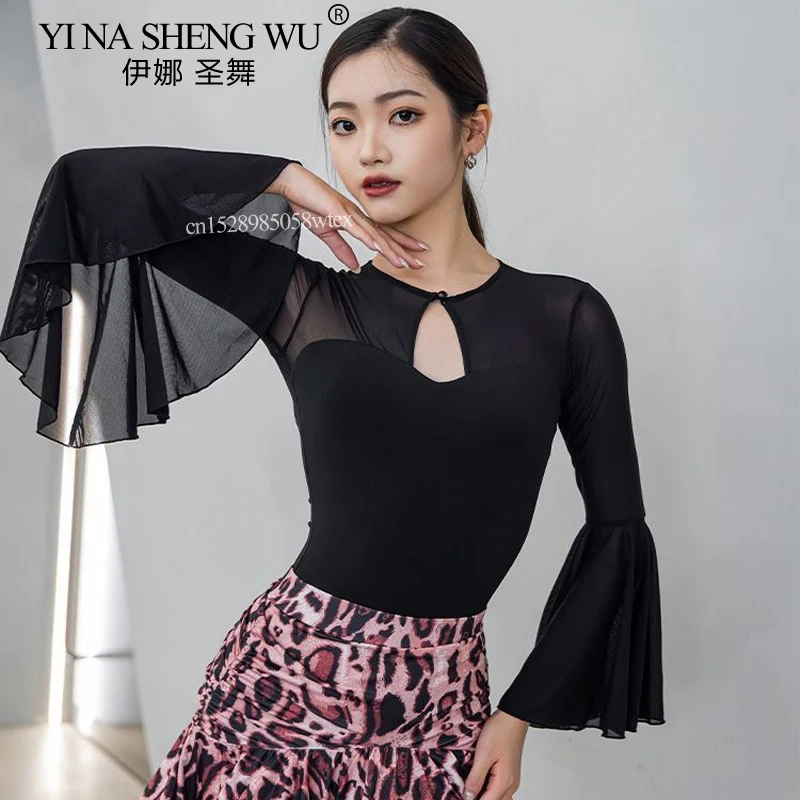 여성용 라틴 댄스 탑 국가 표준 라틴 댄스 연습 대회 플레어 슬리브 점프수트 룸바 차차 공연 탑