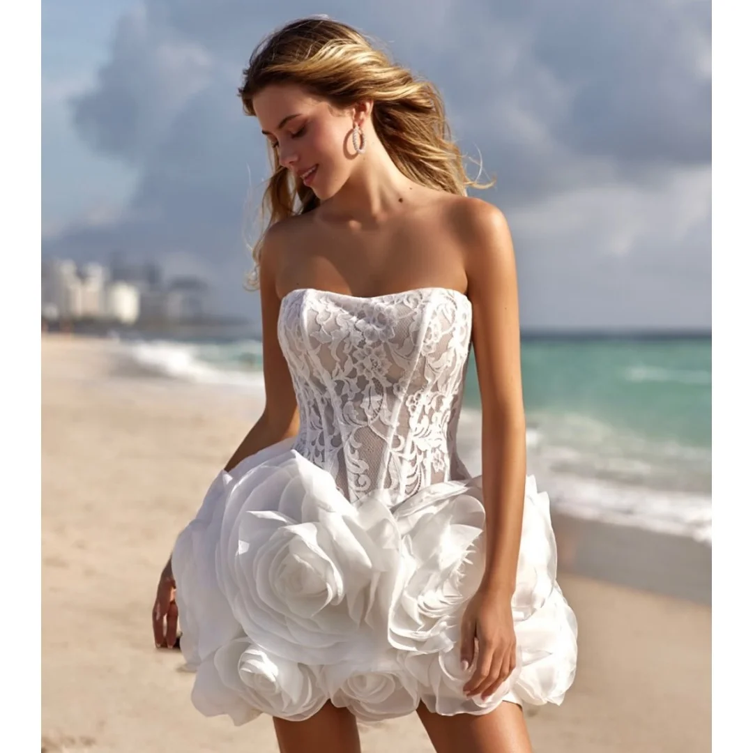 

Short Wedding Dresses Illusion Bodice Vestido de Novia Big Flowers Mini Skirt Wedding Party Gown Vestidos Customized