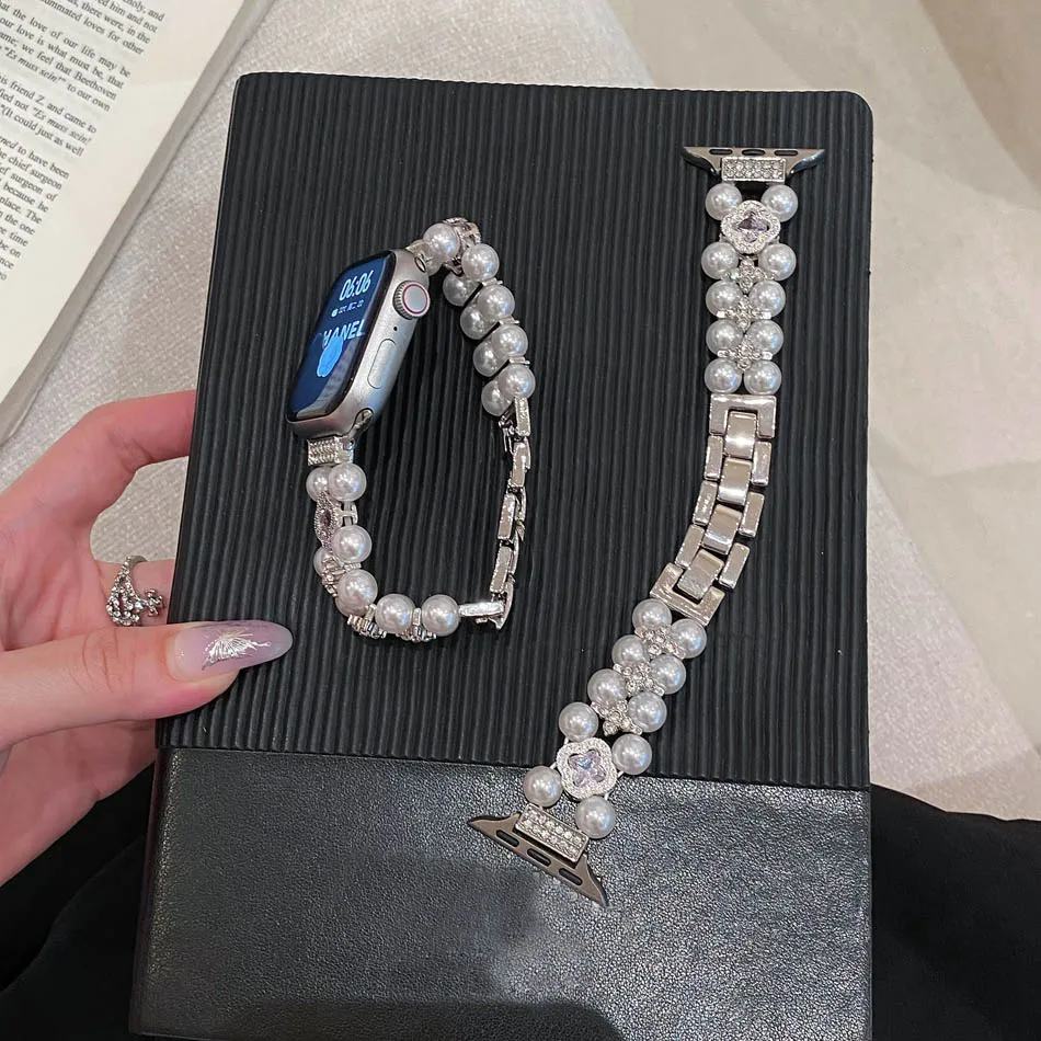 Pearl Four-leaf Clover Zircon Strap for Apple Watch Band Series 10 9 8 7 6 SE 5 4 Ultra iwatch 46mm 42mm 38-49mm Women Bracelet