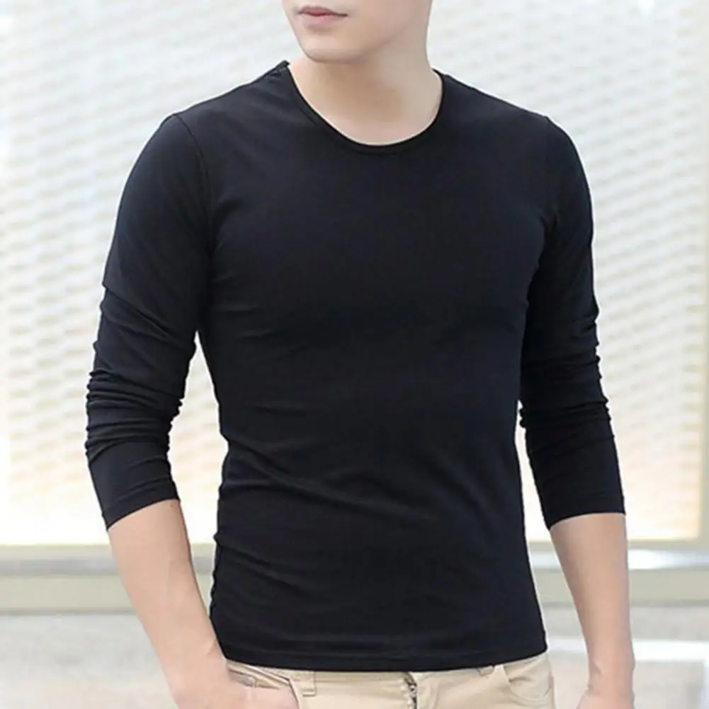 Base Layer Top Men\'s Long Sleeve Round Neck T-shirt Solid Color Top for Fall Spring Soft Breathable Mid Length Pullover