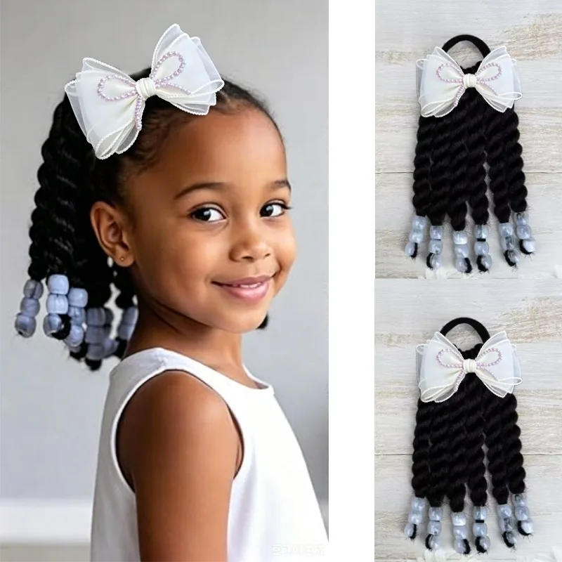 

2Pcs Kids Ponytail Extension with Beads Two-Strand Twists Hairstyles with Bow Clip Protective Synthetic Braided for Black Girls