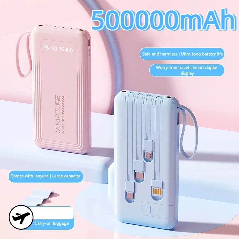 

500000 мАч Power Bank, быстрая зарядка, зарядное устройство большой емкости с 4 кабелями, портативный внешний аккумулятор для IPhone Samsung 2025