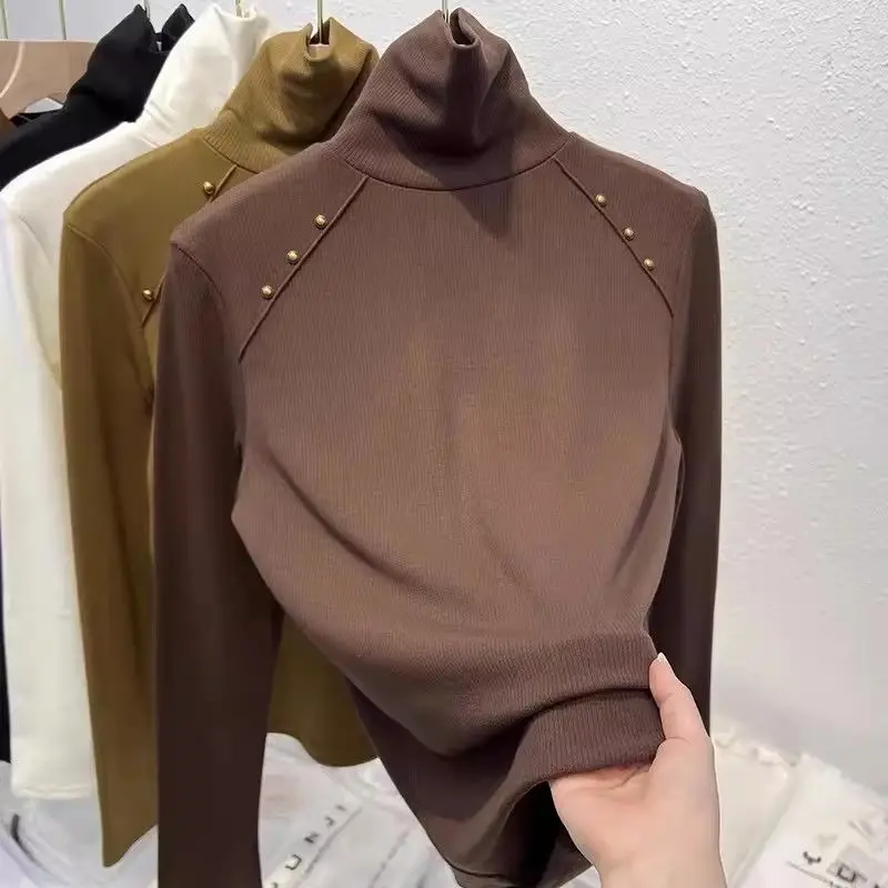 

Pile Turtleneck Base Shirt Women's Outside Wear Autumn Winter 2024 New Plush Interior Fashion Slim Long-sleeved Knitwear Tops