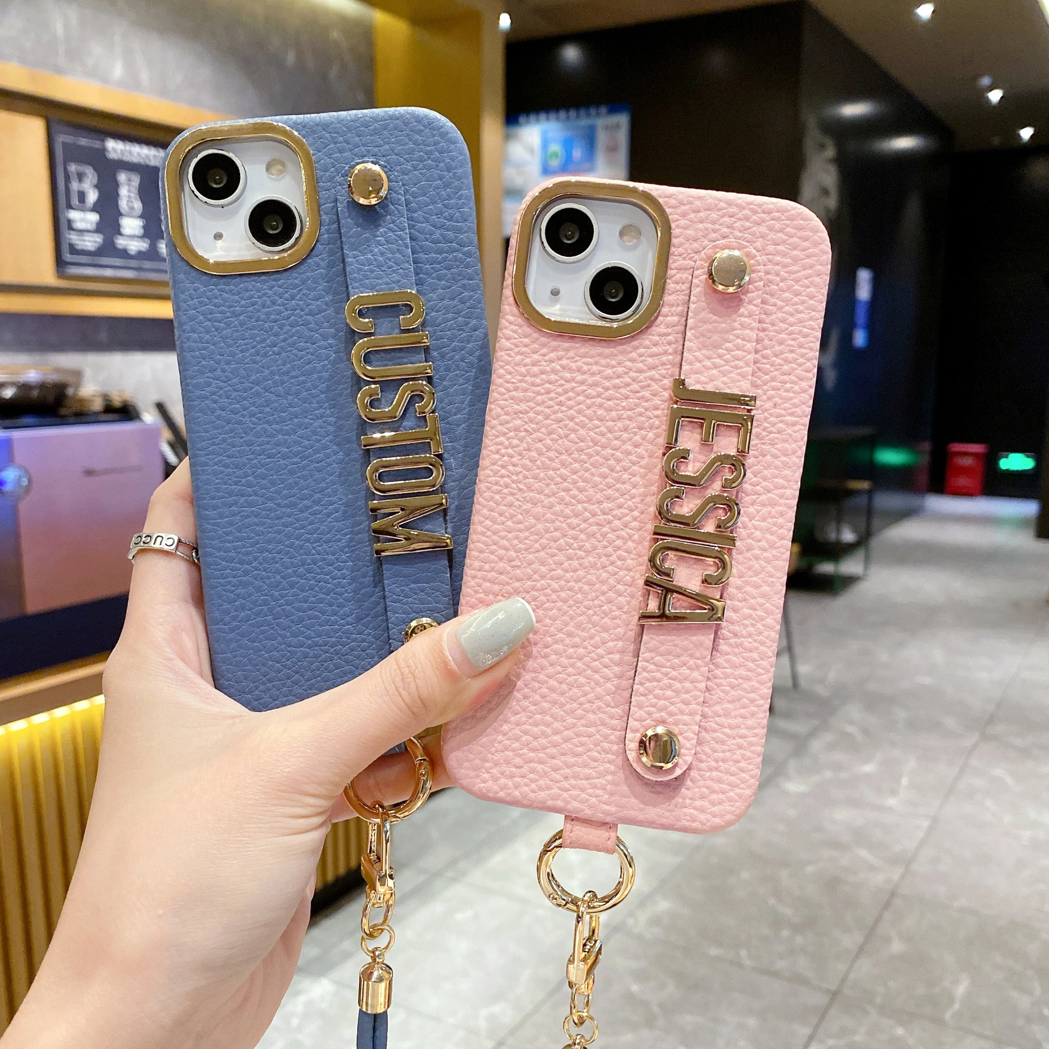 Customized Name Letters Leather Phone Case for iPhone17 16 15 14 13 12 11 ProMax 16 15Plus Diamond Letter Crossbody Lanyard