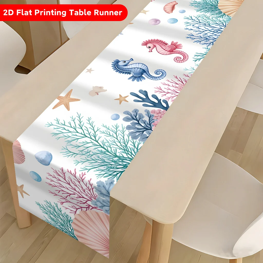 Summer Ocean Seahorses Linen Table Runner Party Decor Colorful Underwater Shells Starfish Coral Table Runner Kitchen Table Decor