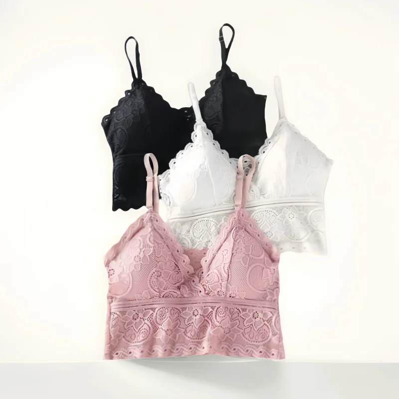 Reggiseno in pizzo da donna Reggiseno senza ferretto in pizzo floreale con scollo a V Bralette francese con imbottiture rimovibili Top corto intimo intimo