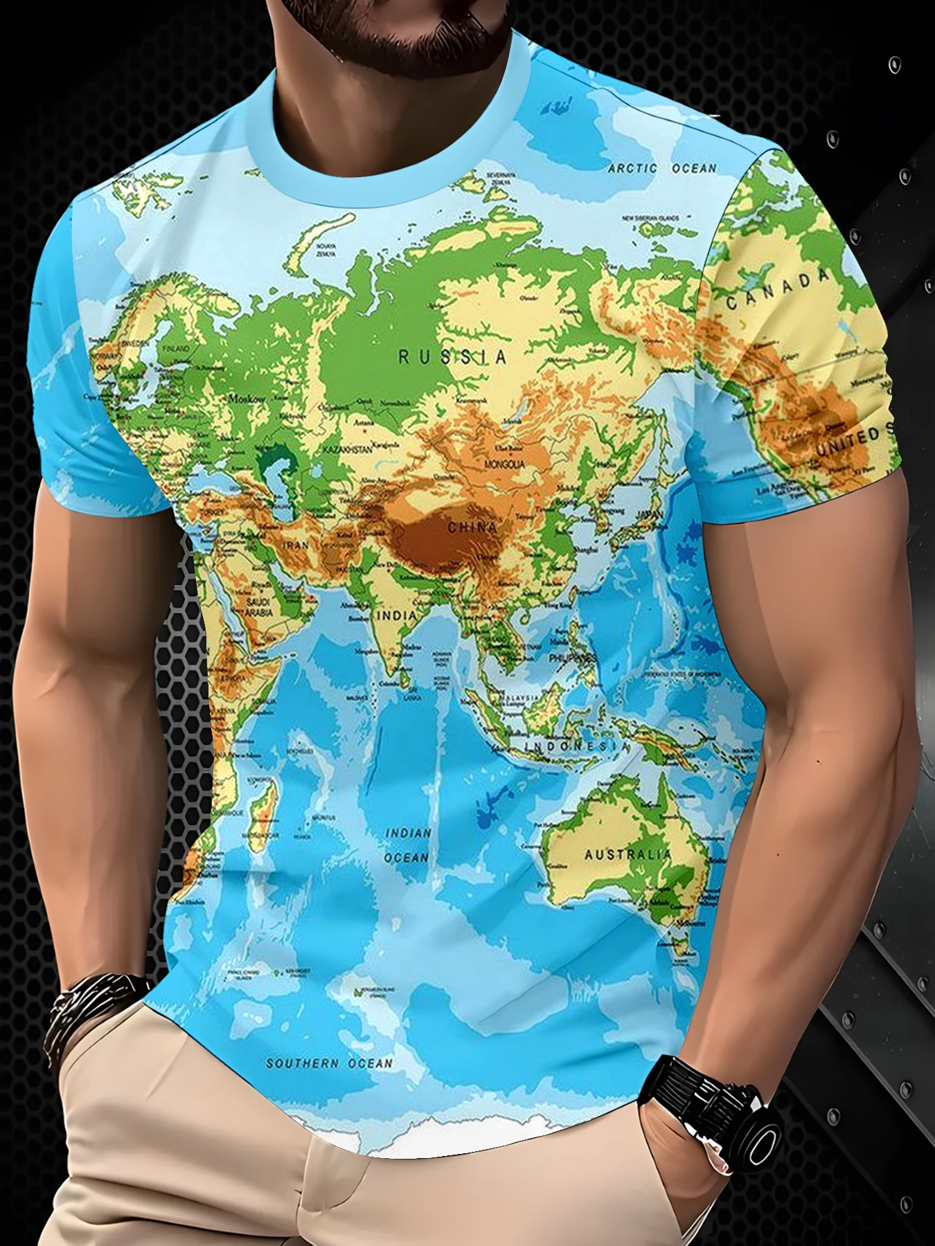 Crew Neck T-Shirt For Men, Geographic Terrain Sea Landscape Pattern