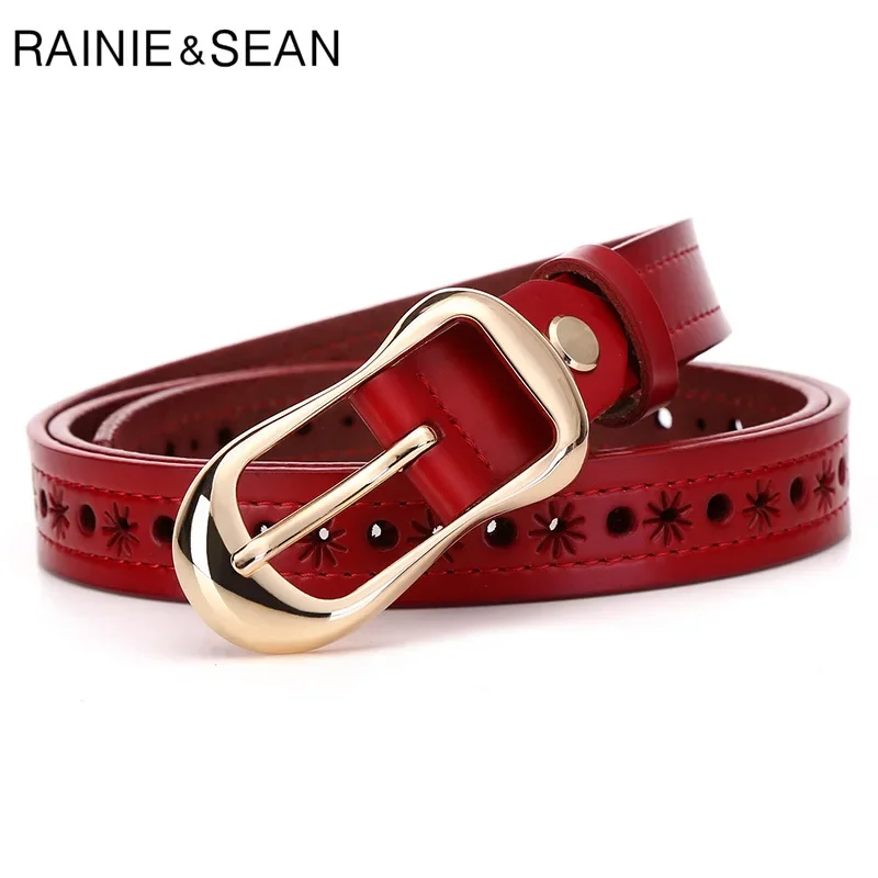 

RAINIE SEAN Golden Buckle Red Real Leather Belts for Ladies With Many Holes Fashion Woman Belt for Jeans Female Strap 110cm