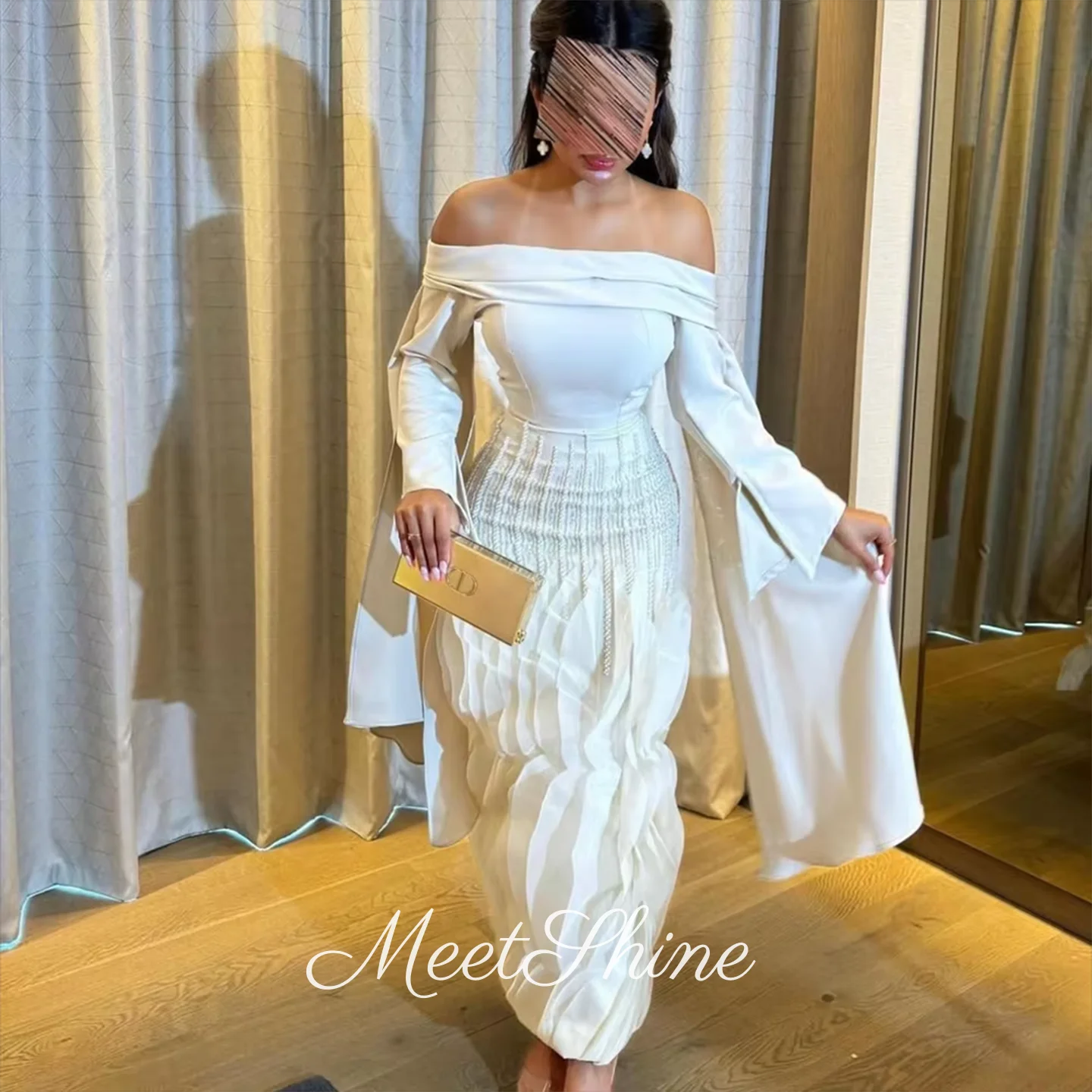 

White Satin Prom Dress Mermaid Beads Crystal Evening Dress Customized Off Shoulder Wedding Dresses With Long Sleeves 2025