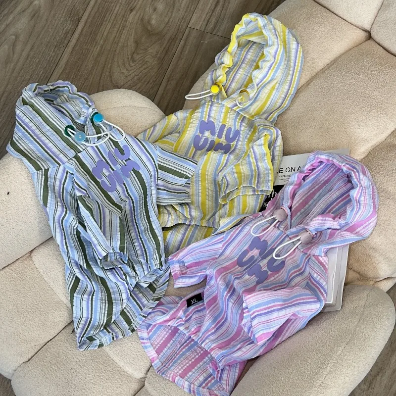 Striped Hooded Pet Sun Protection Shirt Lightweight Breathable Summer Dog Clothes Drawstring Hoodie for Small Medium Dogs Cats