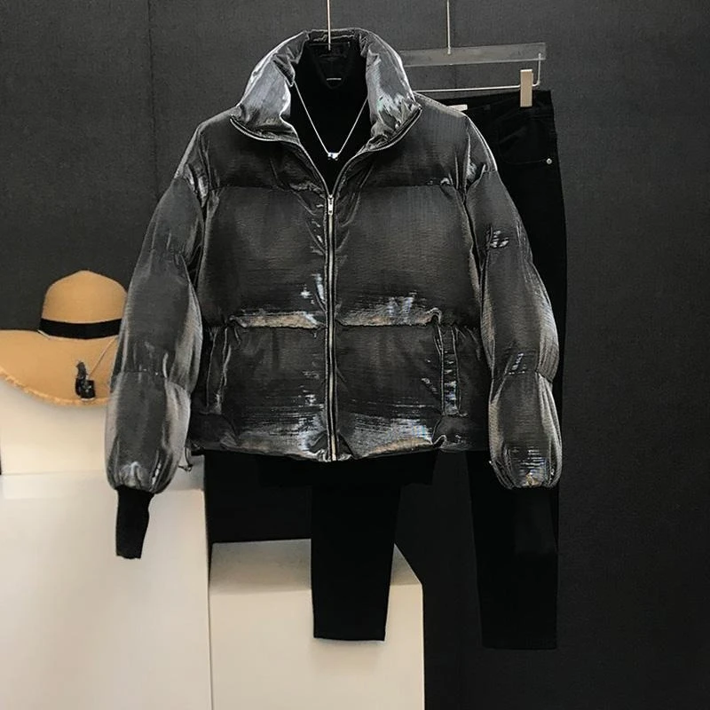 Mens Jacket Harajuku Streetwear Liquid Metal Puffer Coat Thick Warm Loose Fit Stand Collar Winter Padded Casual Fashion Trend - view 4