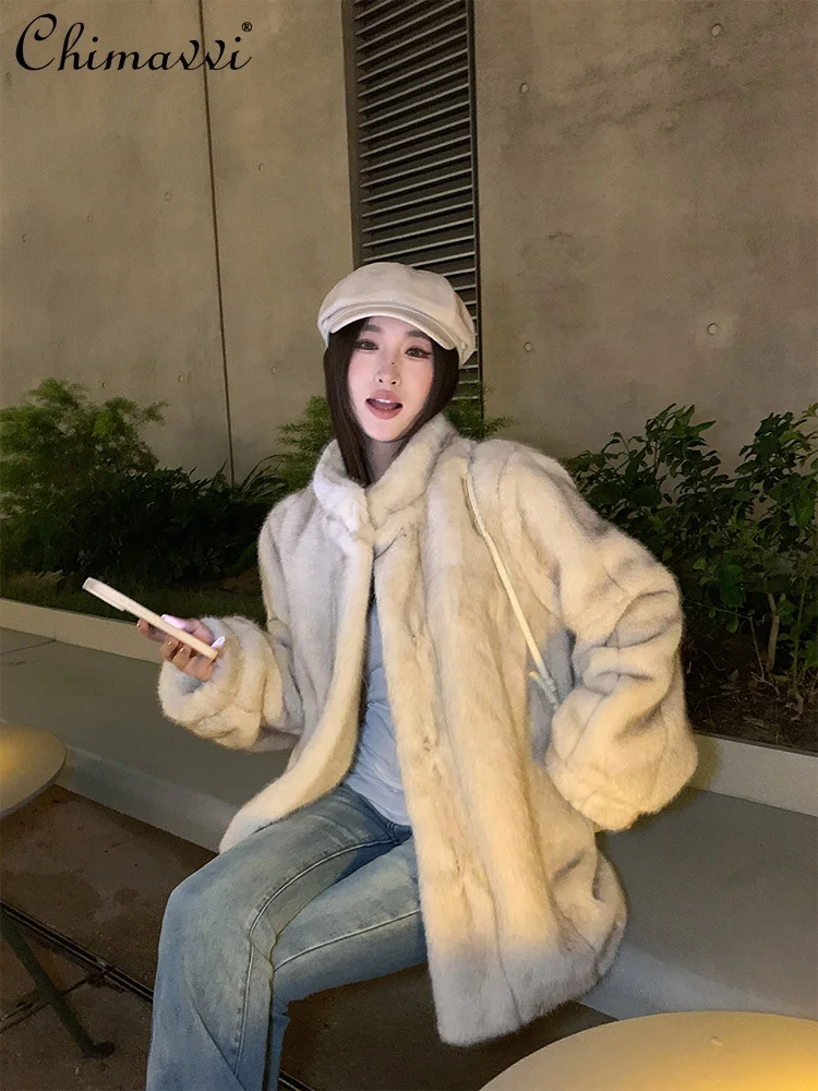 Winter New Mink High-end Fur Coat Women's Fashion Stand-up Collar Vertical Pattern Casual Warm Temperament Fluffy Coat Jackets