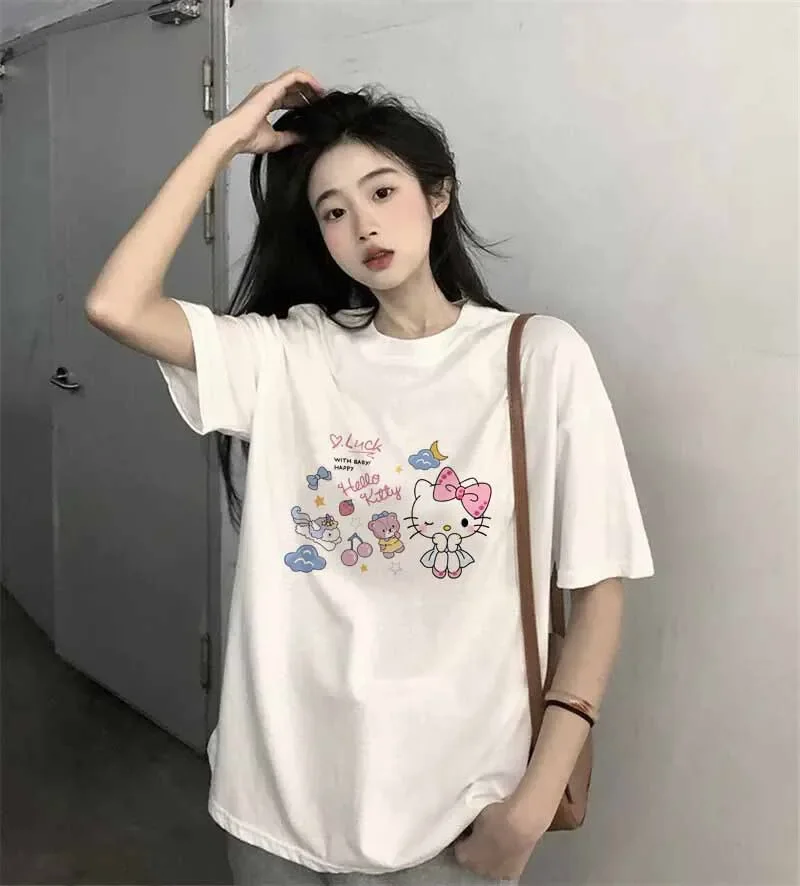 

Sanrio Cinnamoroll T-shirt Women Anime Tee Shirts Kawaii Cartoons Manga Casual Clothes Cotton Harajuku Oversized Streetwear Tops