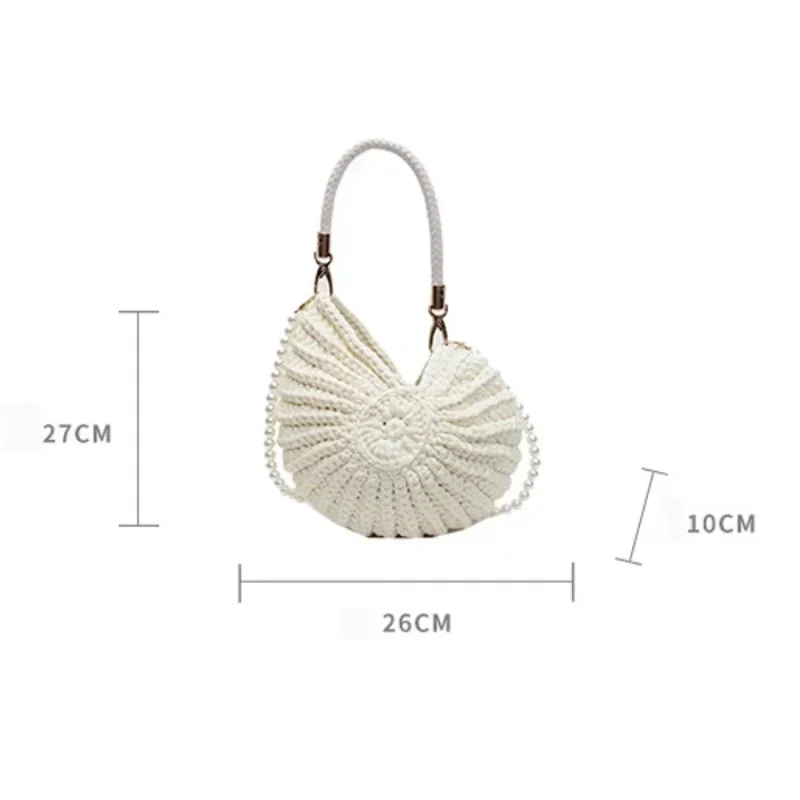 Elegant Seashell Shape Knitted Woven Bag Ladies Crochet Straw Shoulder Purse With Pearl Decor Chain Strap Holiday Daily Handbag