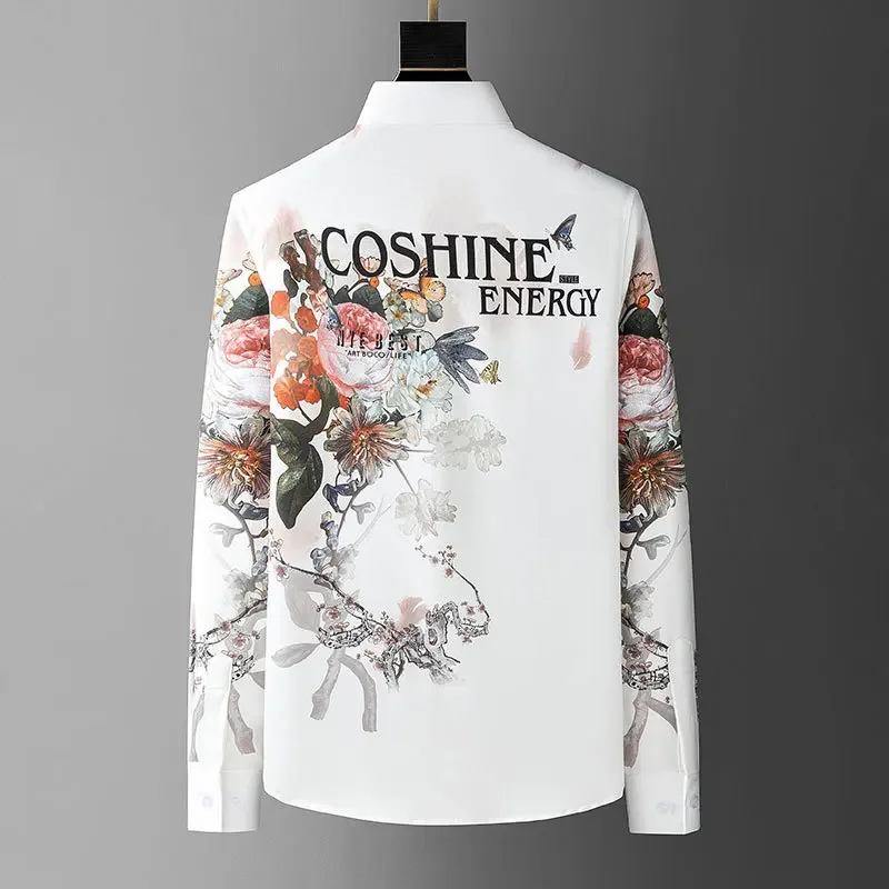 Colorful Floral Animal Motif Rhinestones Shirt Camiseta Masculina Spring Shirt For Men Social Club Outfits Hot Diamond Shirt Men