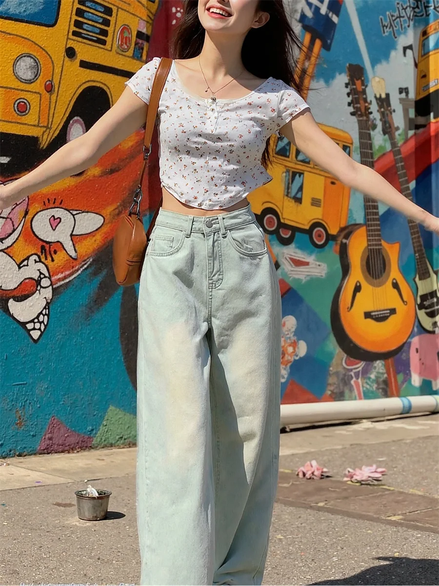 Damskie jeansy z szerokimi nogawkami, postarzane, z panelami, plisowane, łączone, w stylu koreańskim, eleganckie, drapowane, o długości do podłogi, typu barrel.