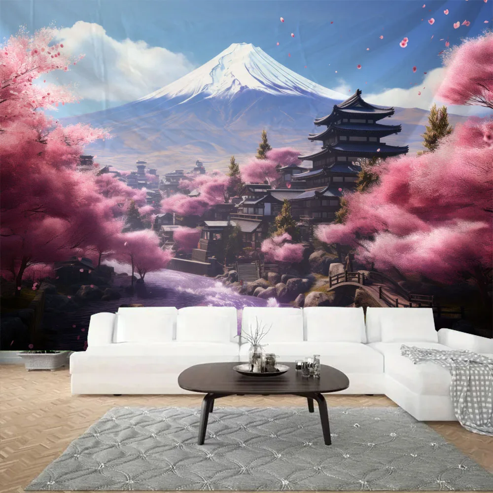 Natural Landscape Tapestry Cherry Blossom Fuji Mountain Fabric Mural Multiple Patterns & Sizes Living Room Home Decor