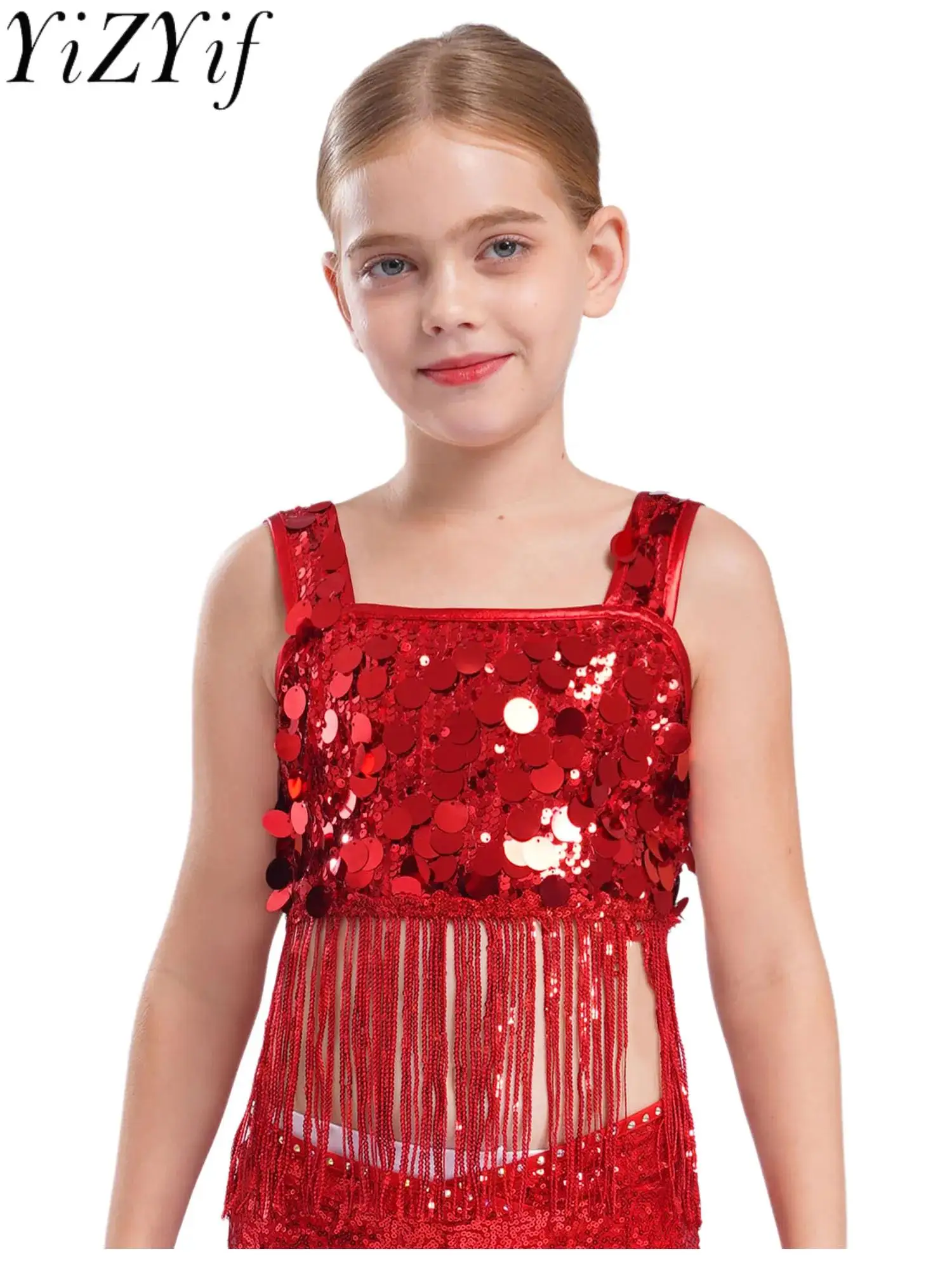 

Kids Girls Sparkling Latin Jazz Dance Tops Shiny Sequin Tassels Crop Top for Jazz Dance Party Performance Competition Costumes