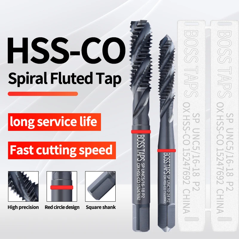 BOSS TAPS HSS-CO Red Ring JIS Standard With OX Spiral Fluted Tap UNC UNF 2-56 4-40 6-32 8-32 10-24 1/4 Machine Screw Thread Tap