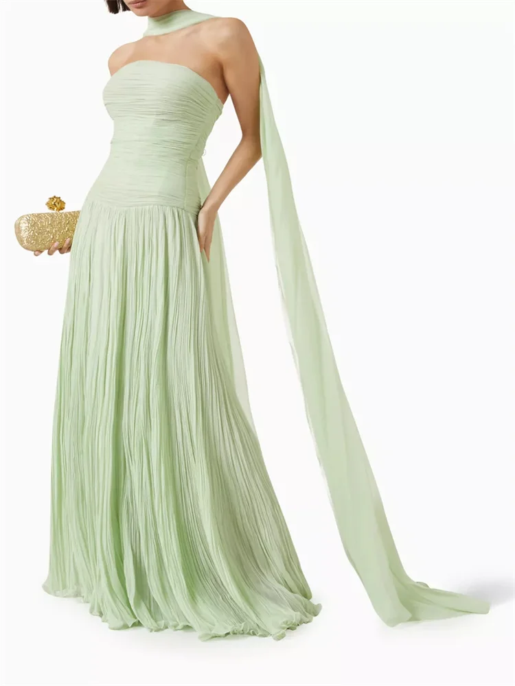 Écharpe plissée vert pur personnalisée, robe de soirée formelle, col à bretelles, jupe décorative, robe longue plissée, 2025