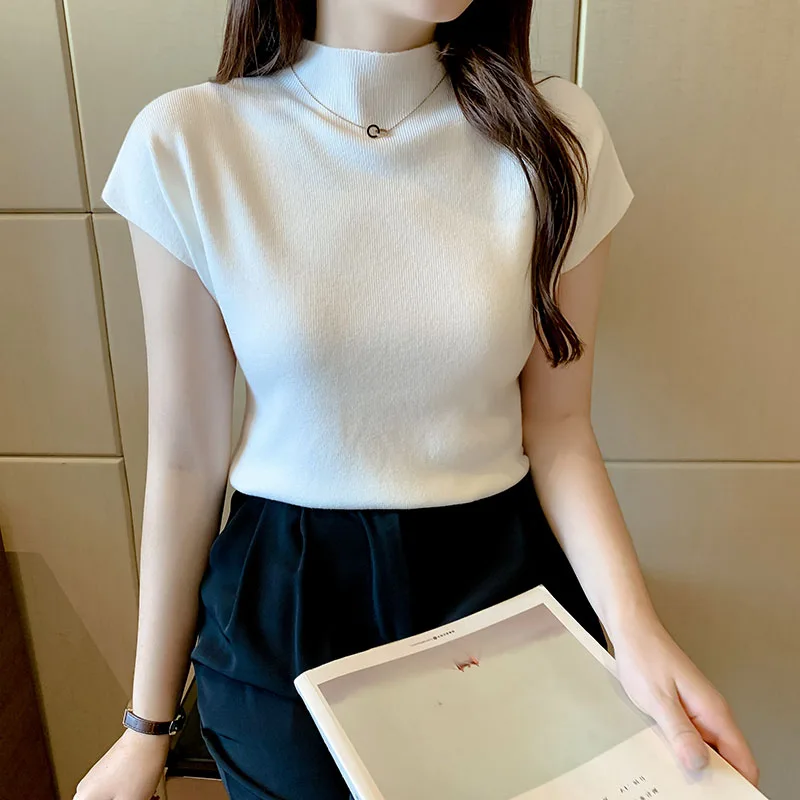 Frauen Sommer Sexy Gestrickte Rollkragen Ärmellose T-Shirts Tops Solide Slim Fit Pullover Kausalen Tees Weibliche Streetwear Grundlagen Tees – Detail 6