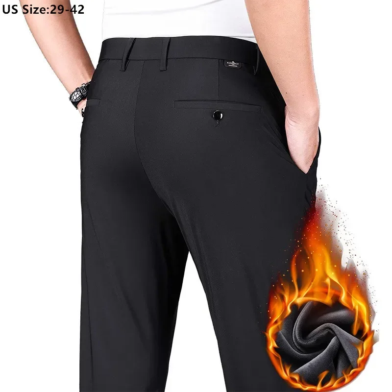 Fleece Suit Pants Mens Business Office Plus Size 40 42 Stretched Winter Warm Male Thick Elastic Work Straight Formal  Trousers