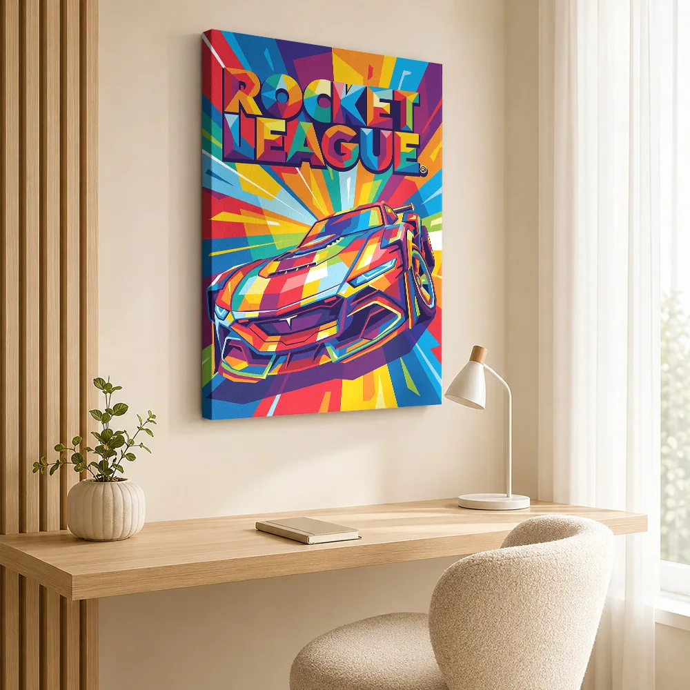 Rocket League Angular Sports Car Framed Canvas Print Personalized Photo Multicolor Polygon Shapes Wall Art For Console Corner