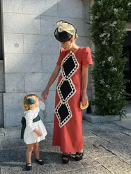 Geometric Embroidery Shoulder Pads Maxi Dress For Women Loose O Neck Short Sleeves Dresses 2024 Female Fashion Casual Vestidos