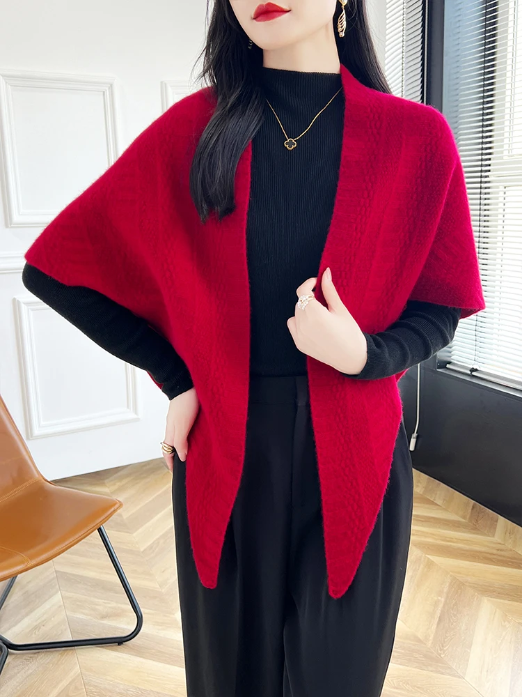 Women 100% Merino Wool Shawl Cardigan Spring Autumn Winter Soft  Pure Colour Cashmere Scarf Sweater Korean Fashion Shawl Tops