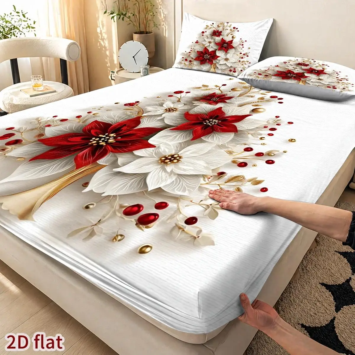 Red and White Christmas Bouquet Theme, Three-Piece Bedding Set (Includes 1 Fitted Sheet + 2 Pillowcases), Mattress Protector, Fitted Sheet Style, Protective Cover, 2D Flat Printing, Mattress Protector, Christmas Limited Edition, Suitable for All Seasons, Machine Washable Design, Holiday Decoration, Various Sizes, Breathable Protective Cover Plus Pillowcase