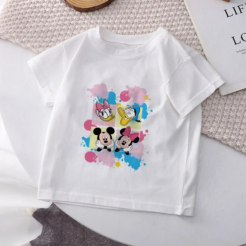 Disney T-shirt anak-anak untuk anak perempuan pakaian Daisy Minnie Mickey Kawaii kaus kartun musim panas kasual anak laki-laki atasan lengan pendek