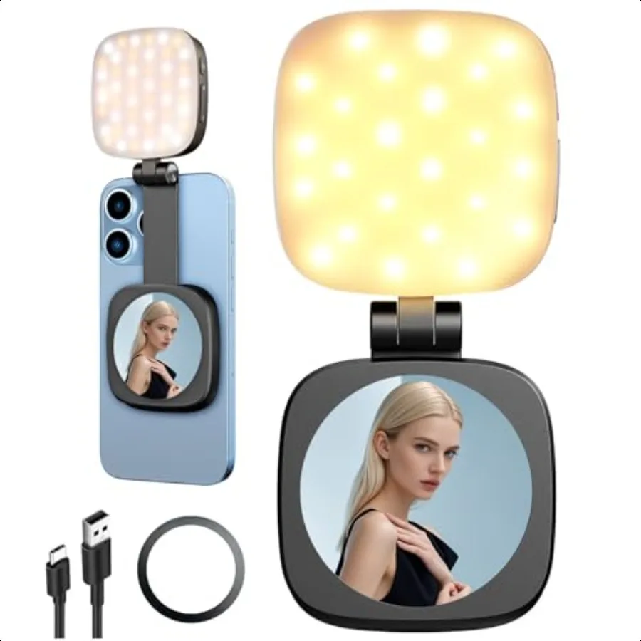 

yAyusi Magnetic Selfie Light for iPhone with Mirror Retractable Foldable Pocket Size Portable Mini Ring Light for Phone Dimmabl