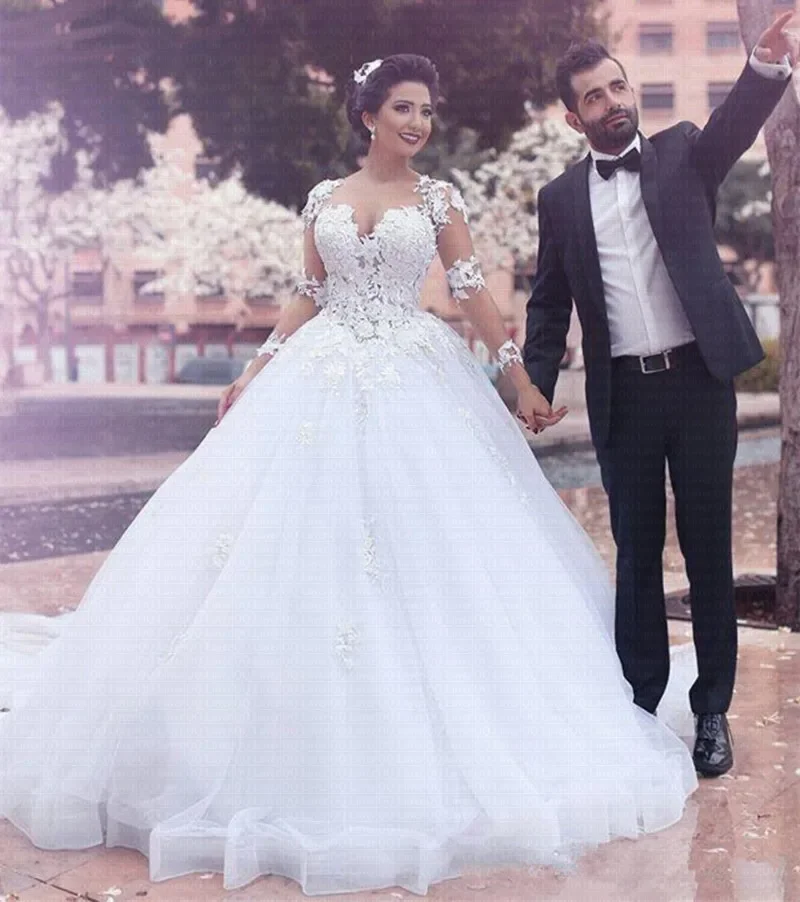 

customized Vestido De Noiva 2025 Arabic Dubai Plus Size Long Sleeves Wedding Dresses Princesse Lace Illusion Tulle robe mariee