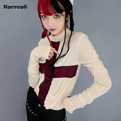 Karrcat Gothic Mesh Tops Punk Style Scarlet Cross See Through T-shirts Grunge Mall Goth Harajuku Sheer Tops Emo Alt Clothes Y2k