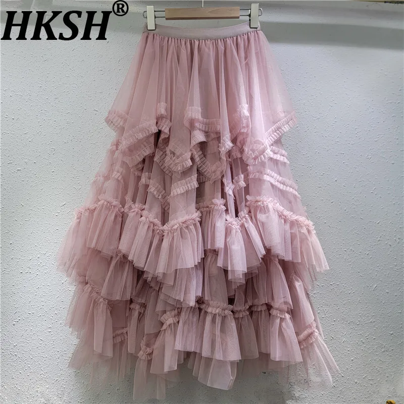 

HKSH Autumn New Women Korean Ins Skirt Layered Mesh Ruffles Pleated Elastic Waist A-line High Street Elegant Sweet Skirts HK8996