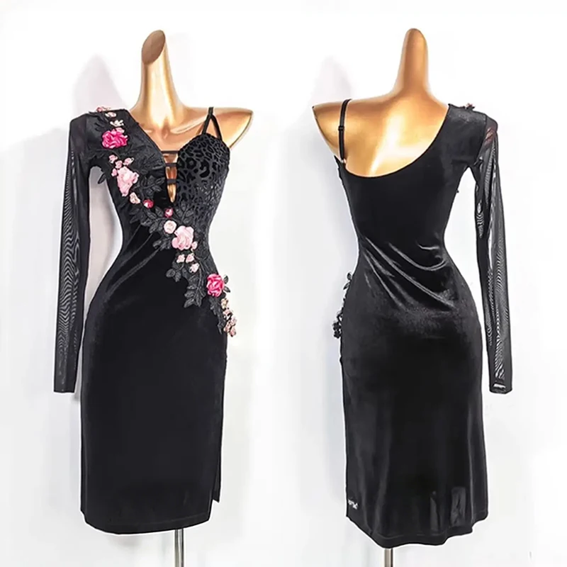 

Зимний костюм для латинских танцев для женщин, сексуальные бархатные черные платья, сценическая одежда для латинских танцев, платье с вышивкой в китайском стиле 2937