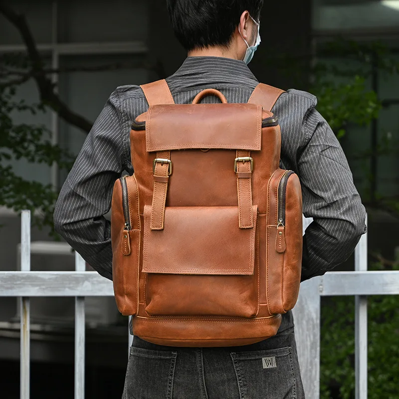 Men's Genuine Leather Large Capacity Backpack, Cowhide Rucksack for School and Travel