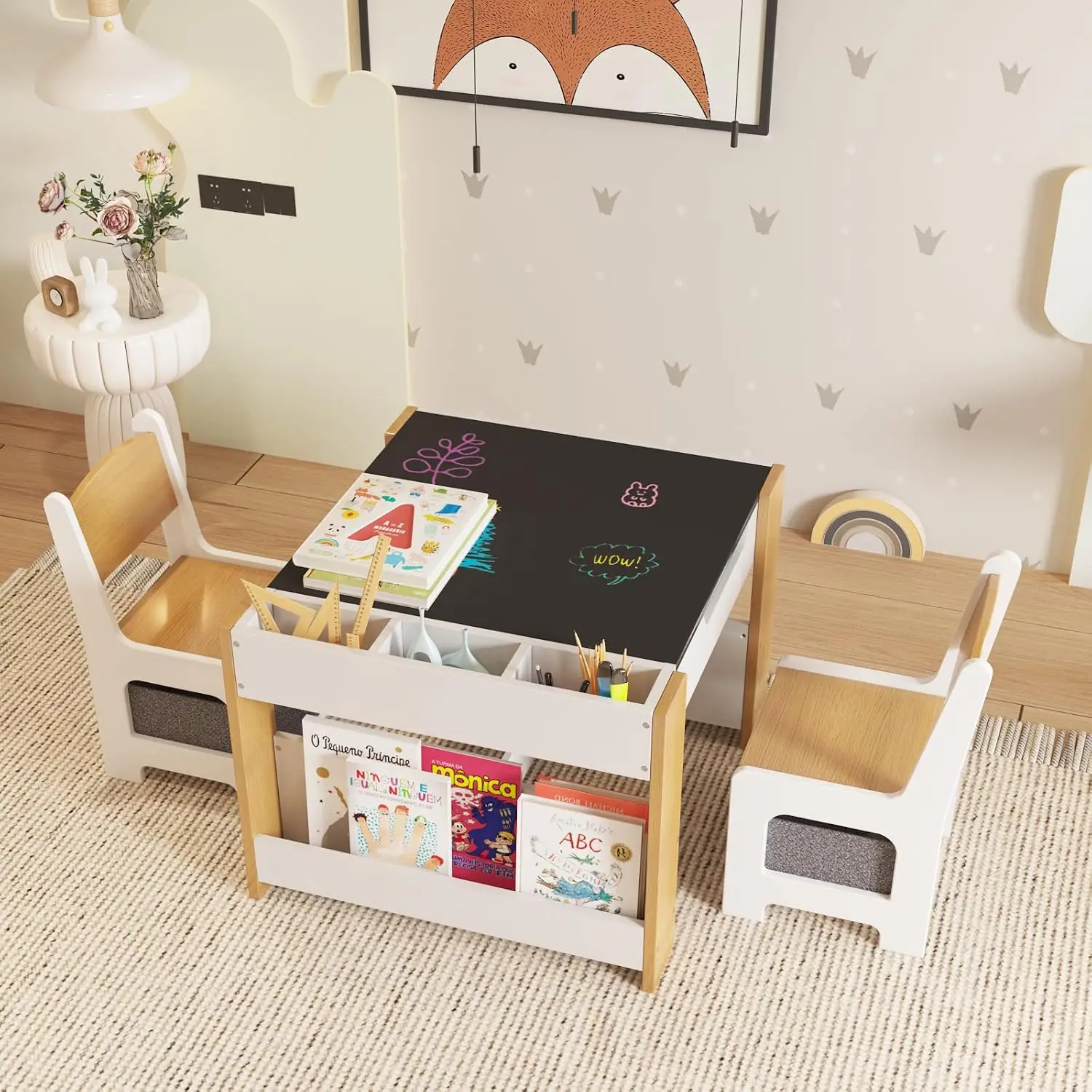 Kids Table and Chair Set, 4 in 1 Wooden Activity Table & 2 Chairs with Storage Drawer Detachable Tabletop for Toddlers Kids Draw