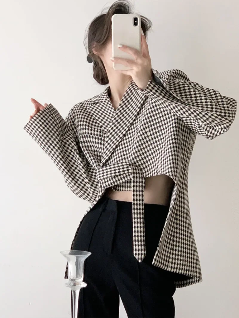 MiiiiX Office Lady Irregular Houndstooth Short Suit Jacket Women's Blazer 2024 Autumn Design Loose Lace-up Crop Top Outerwear