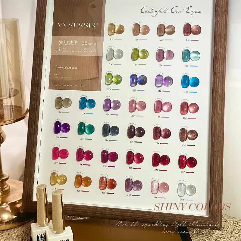 VVSFSSIR Nail 36 Colors Magnetic Cat Eye Gel Nail Polish Set, Moonlight Silk Crystal Effect, Soak Off UV LED, With Swatch Board